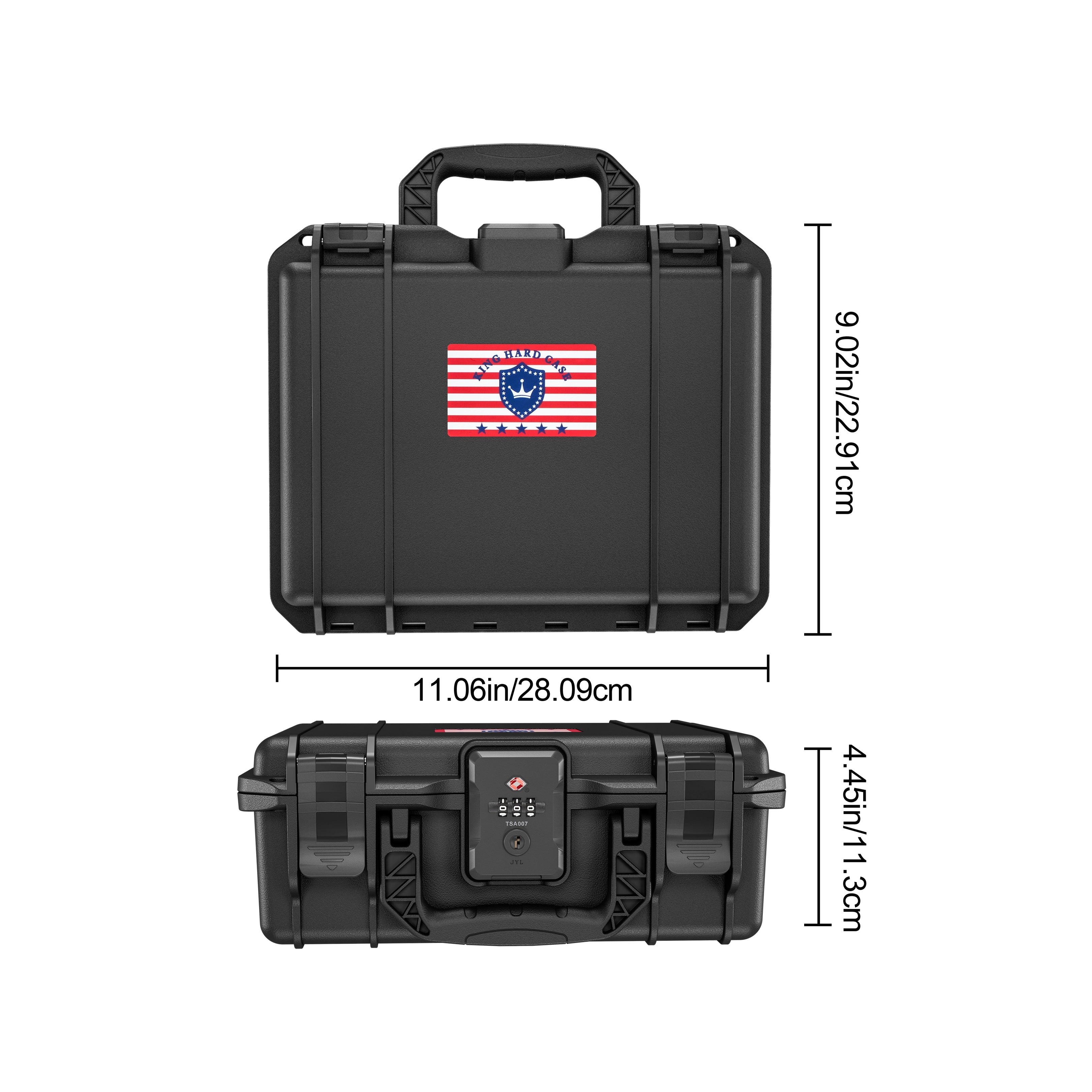 Exact exterior dimensions of the IP67 11-inch DIY waterproof weapon case, featuring an air pressure adjustment valve and ergonomic handle.