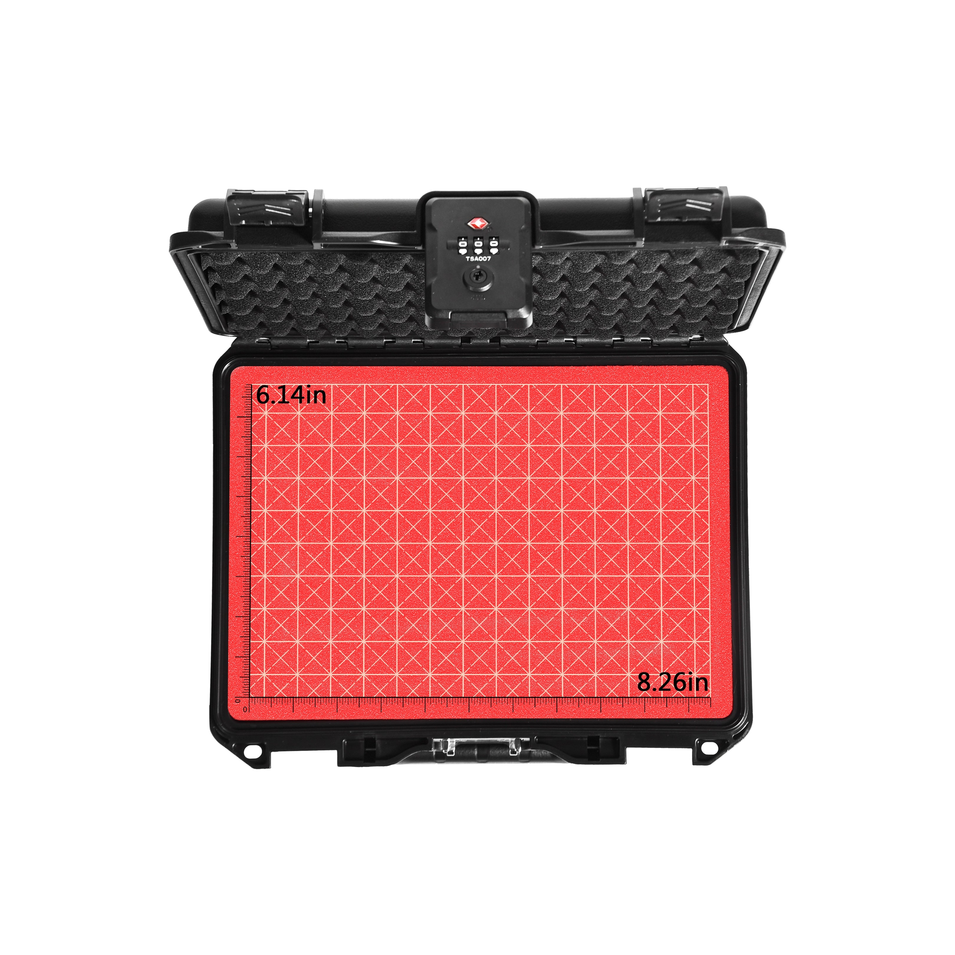 Top interior view of the waterproof ammo case and weapon storage, displaying the customizable red pluck foam liner for a personalized layout.