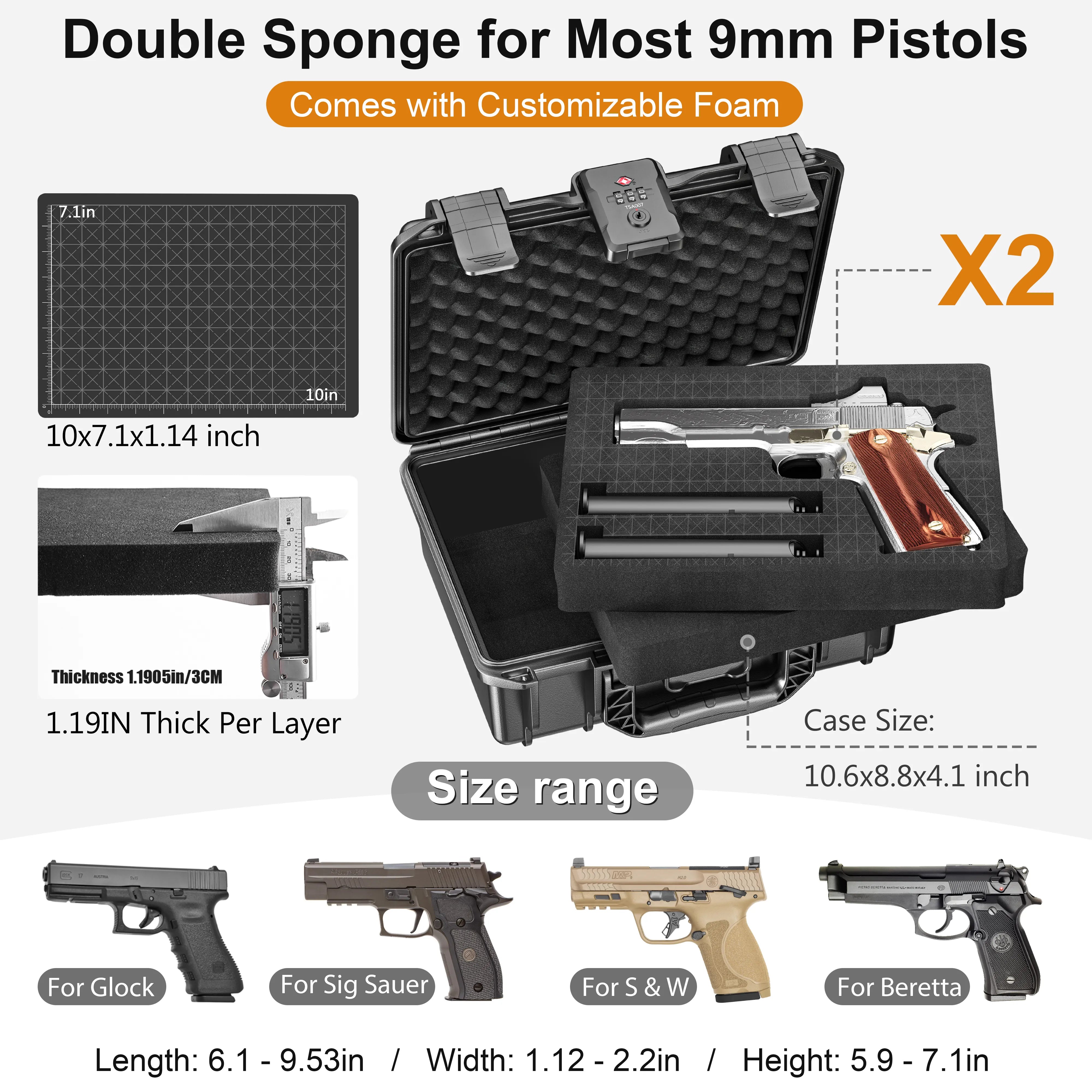 Double sponge compatibility guide for the 11-inch waterproof weapon case, demonstrating how to customize the pluck foam for most micro pistols and magazines.