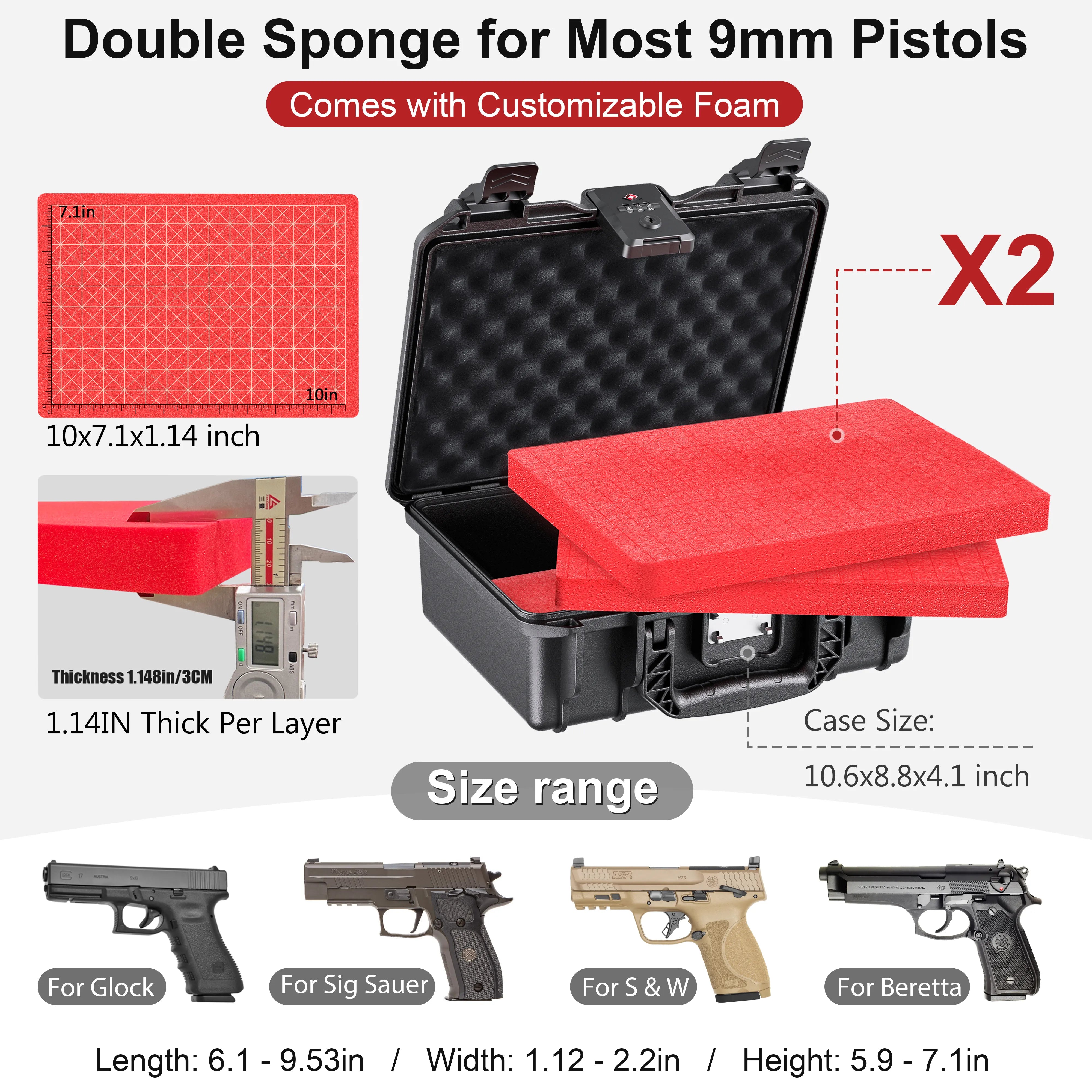 Double sponge compatibility guide for the 11-inch waterproof weapon case, showing how to easily customize the pluck foam for most micro pistols and accessories.