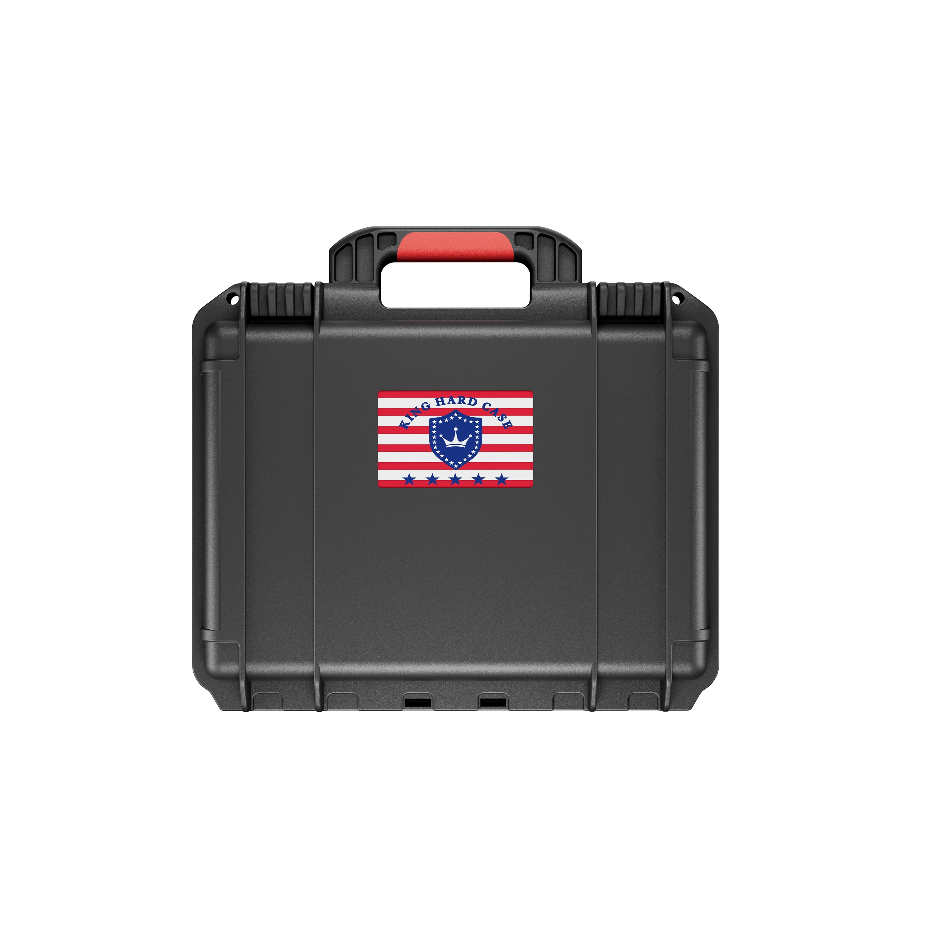 Front view of the rugged 11-inch Glock waterproof ammo case by KINGHARDCASE, highlighting the ergonomic comfort red handle.