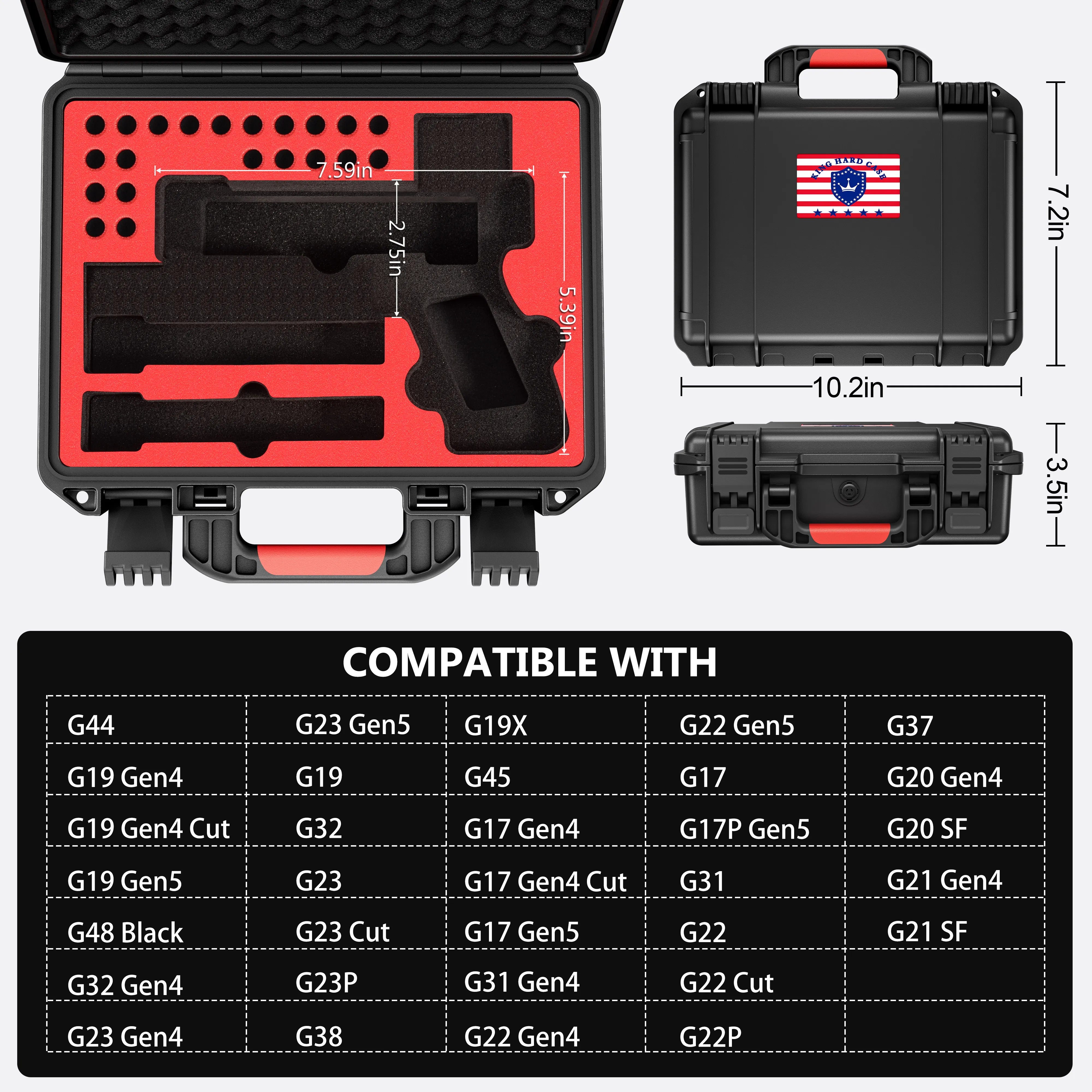 Comprehensive Glock compatibility chart and detailed specifications for the 11-inch KINGHARDCASE waterproof weapon case.