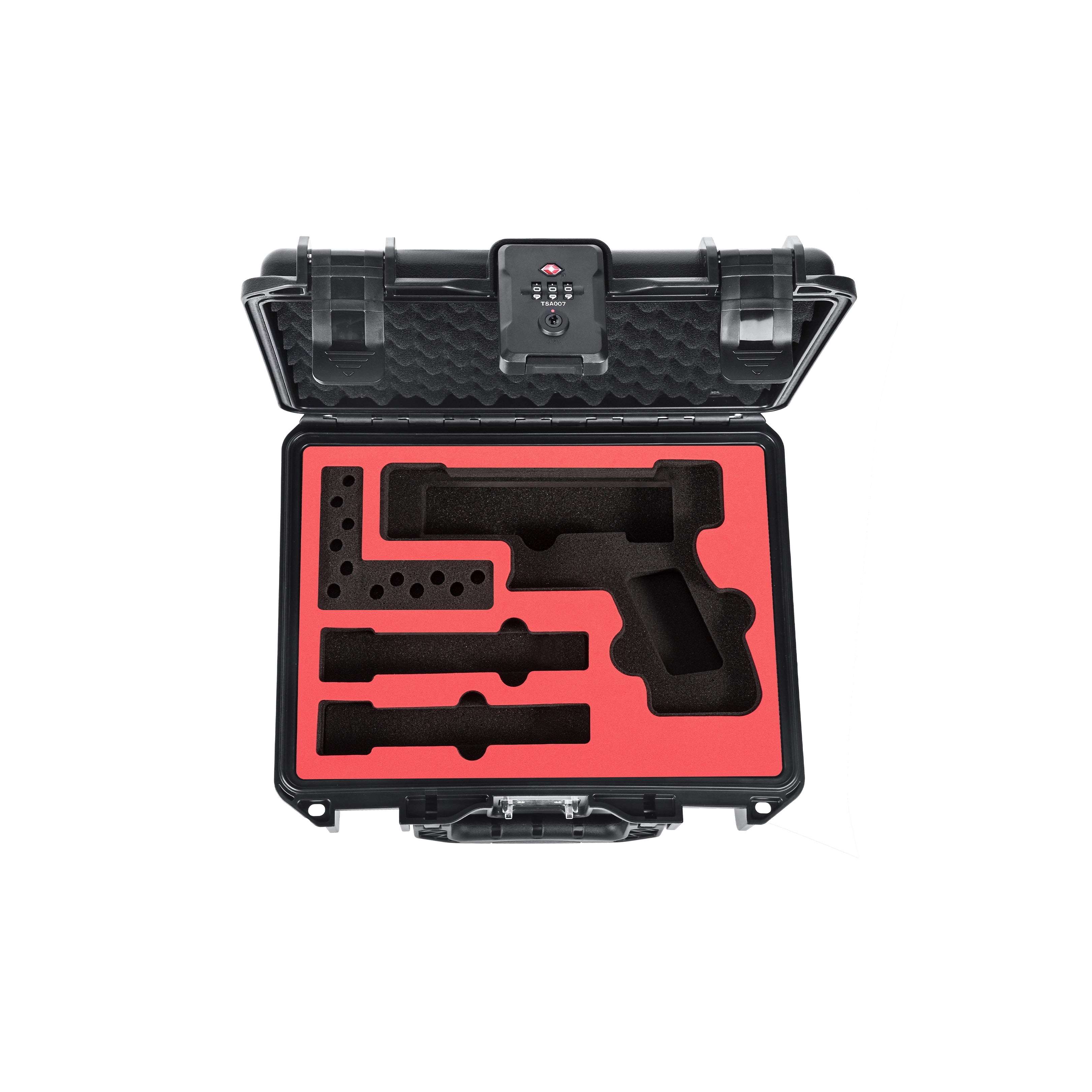 Top interior view of the waterproof ammo case and weapon storage, displaying the protective red foam liner for a Glock pistol and extra magazines.