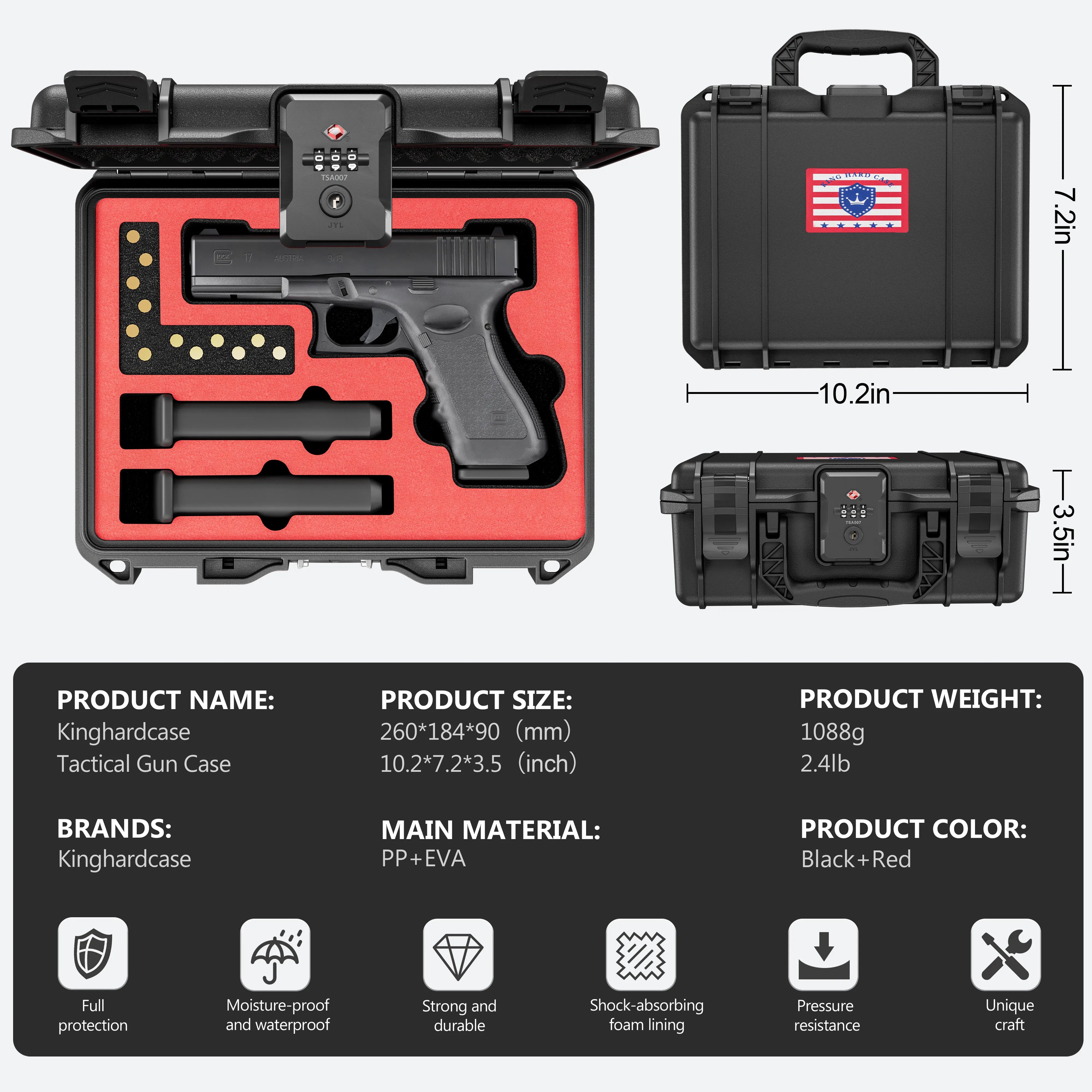 Detailed specifications and features of the 11-inch Glock waterproof weapon case, highlighting its IP67 rating and built-in TSA lock for travel.