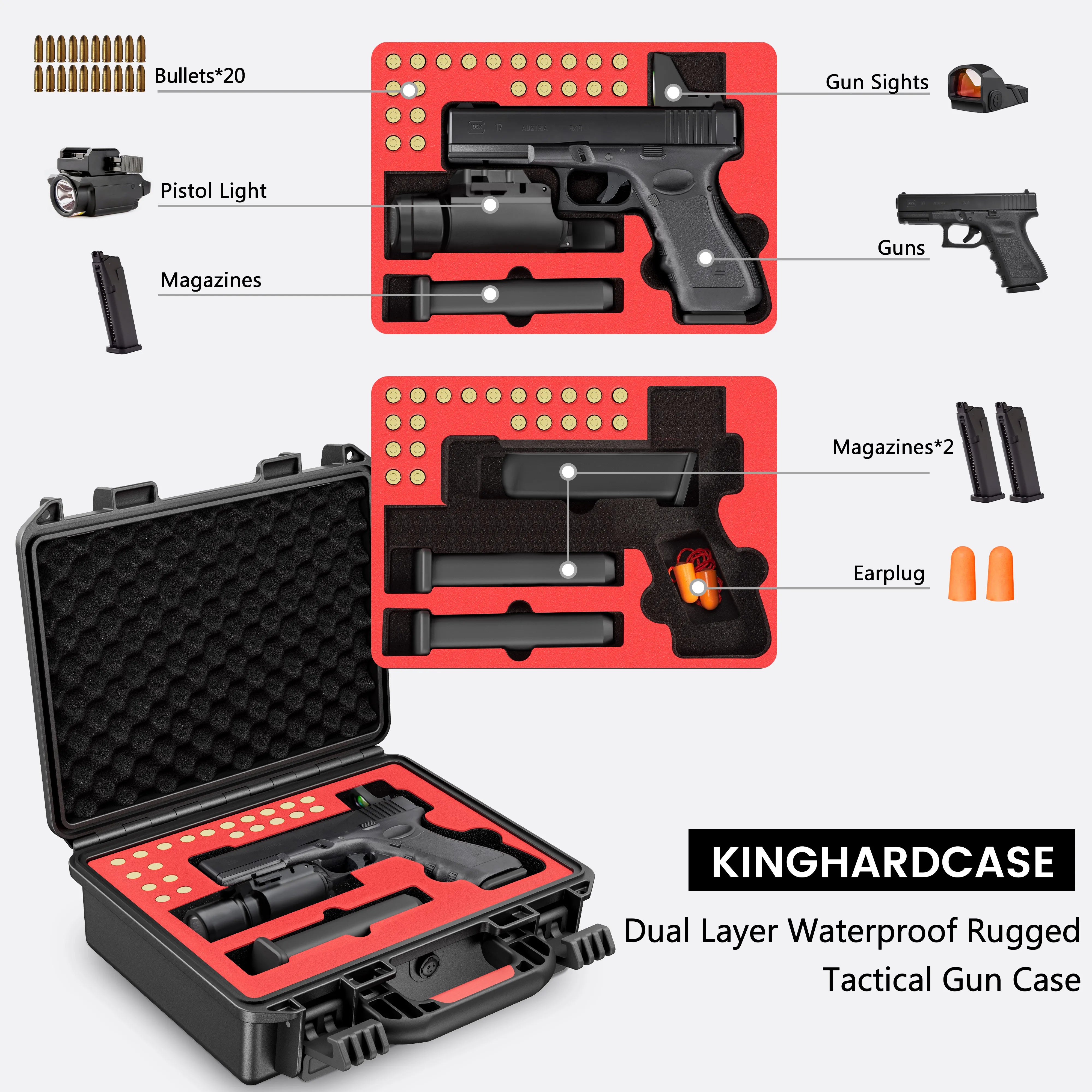 Detailed tactical layout of the 11-inch waterproof weapon case, showing an exact fit for a Glock, extra magazines, tactical flashlight, and red dot sight.