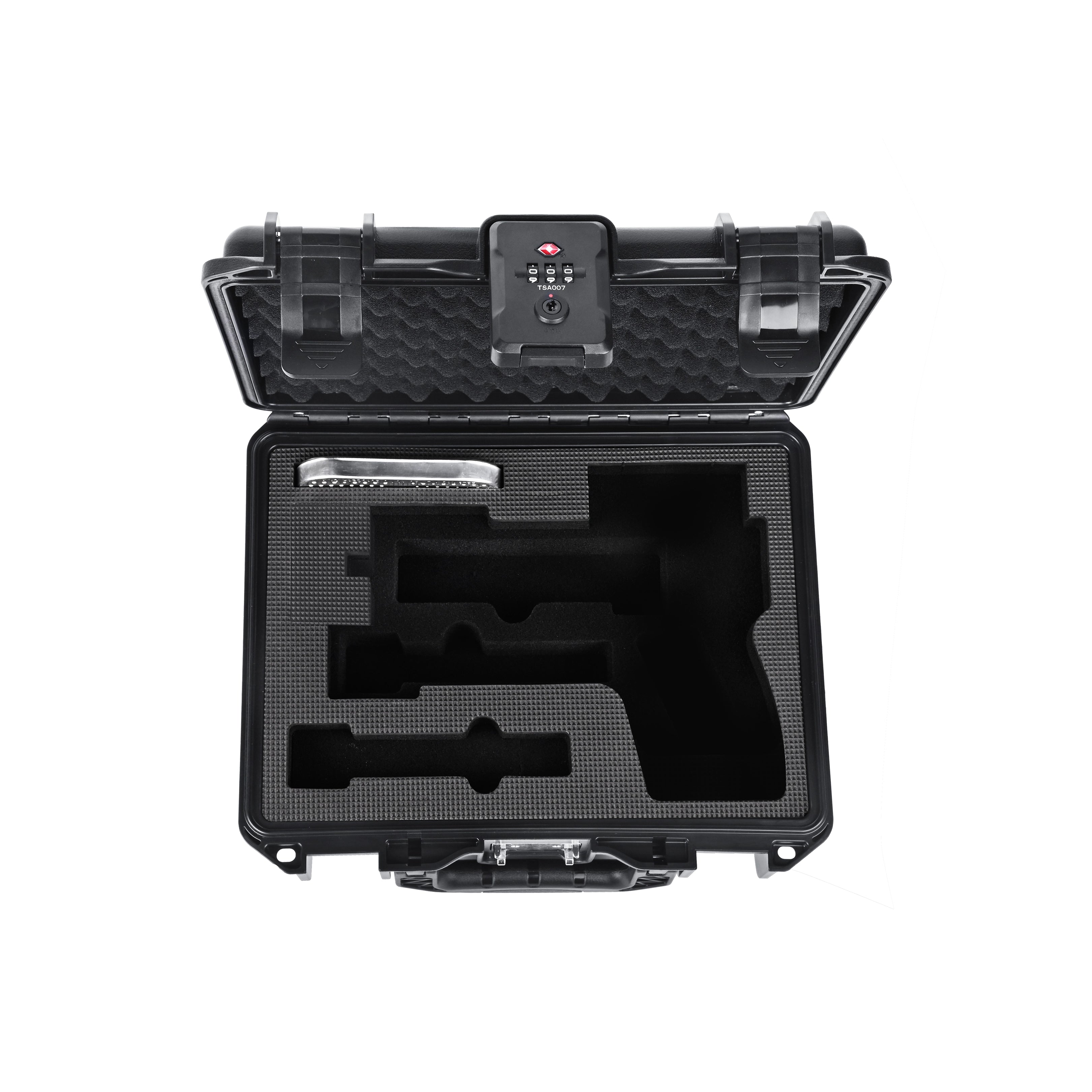 Exact exterior dimensions of the IP67 11-inch Sig Sauer waterproof weapon case, equipped with an air pressure adjustment valve for travel.