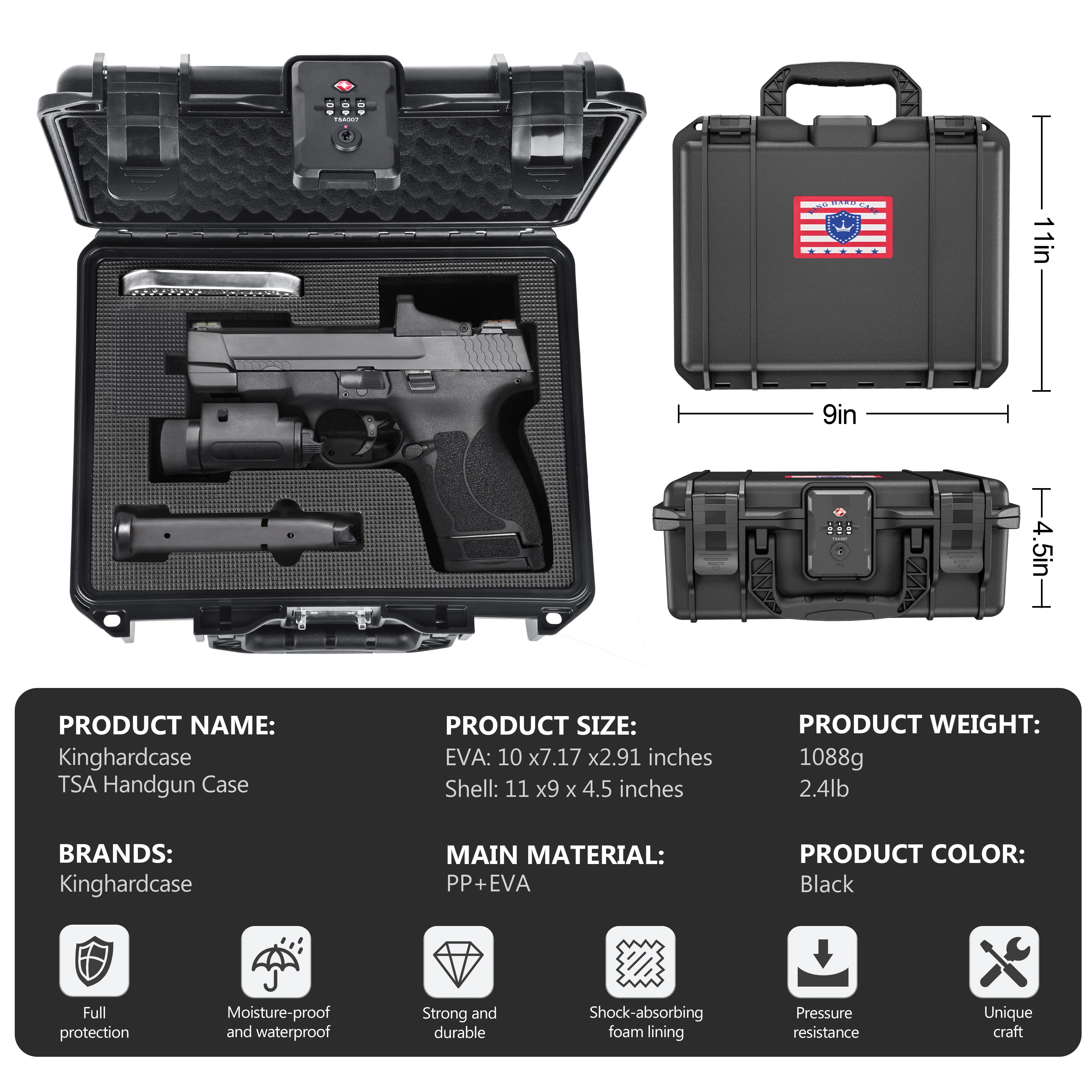 Detailed layout of the 11-inch waterproof weapon case, showing an exact fit for a Sig Sauer pistol equipped with a red dot sight and tactical flashlight.