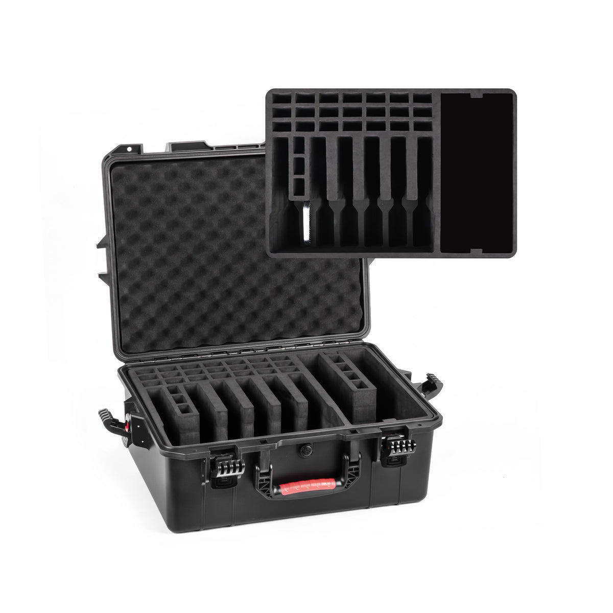 Open 21-inch pre-cut multi-storage case displaying a high-quality EVA liner designed to securely hold 8 pistols and 28 magazines.