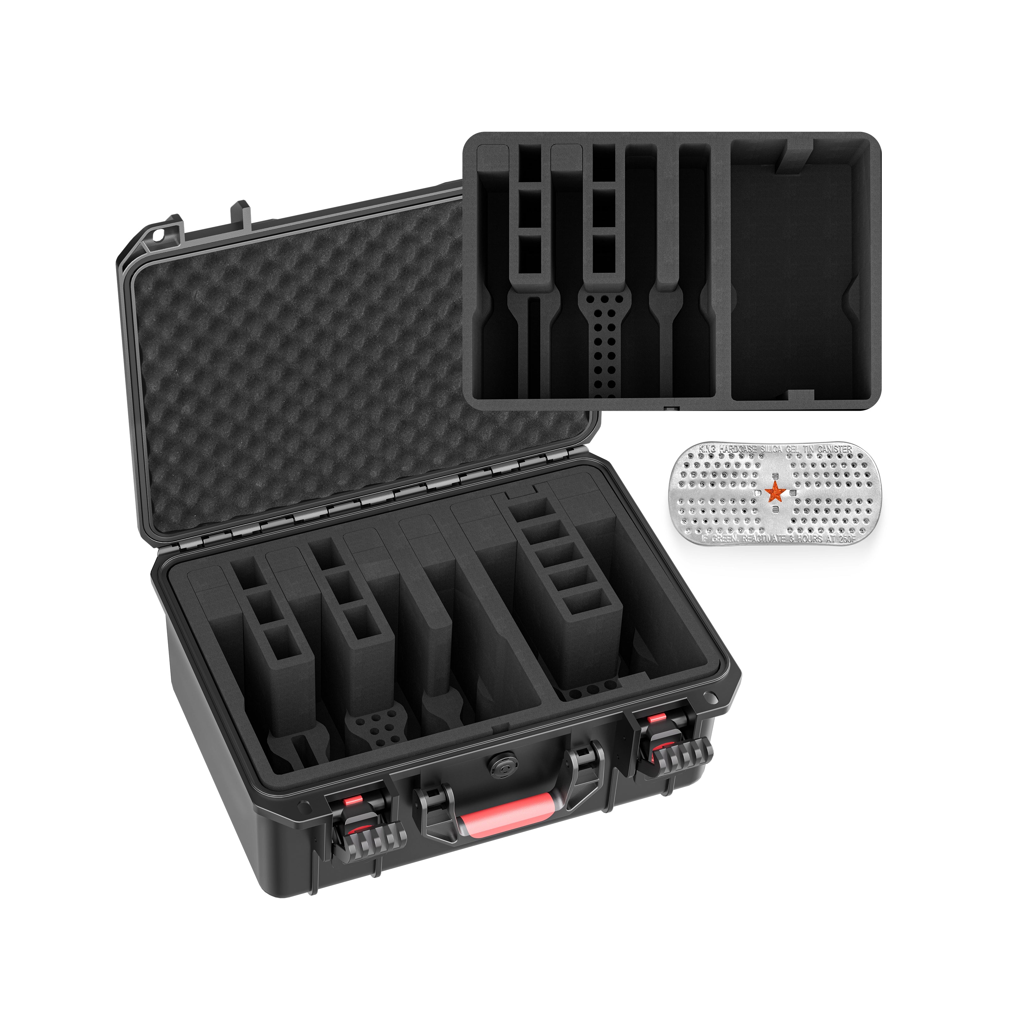 Interior view of the multi-storage case showing the air pressure adjustment valve and the versatile removable EVA module.
