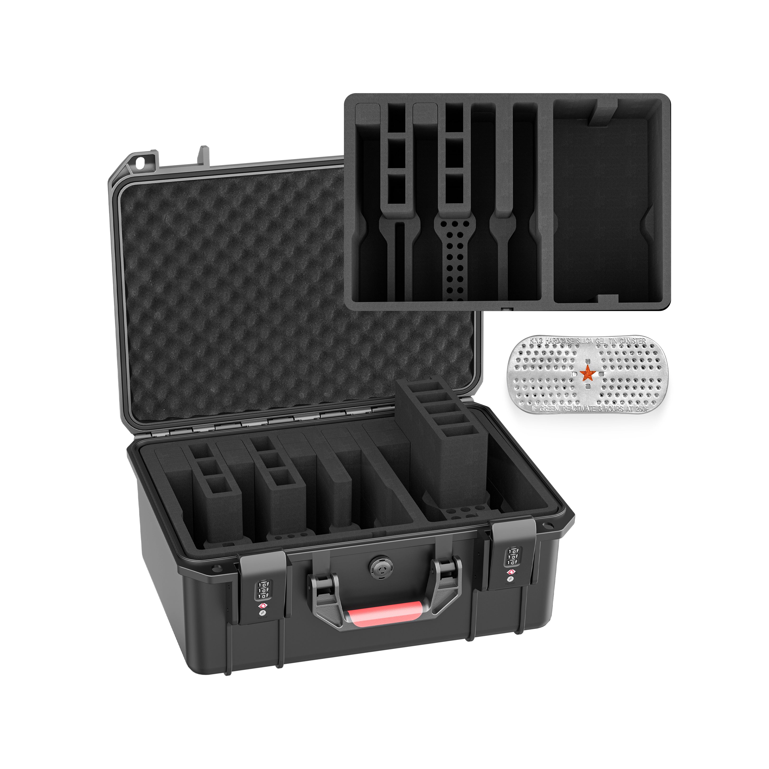 Interior view of the empty multi-storage case showing the air pressure adjustment valve and the versatile removable EVA module.