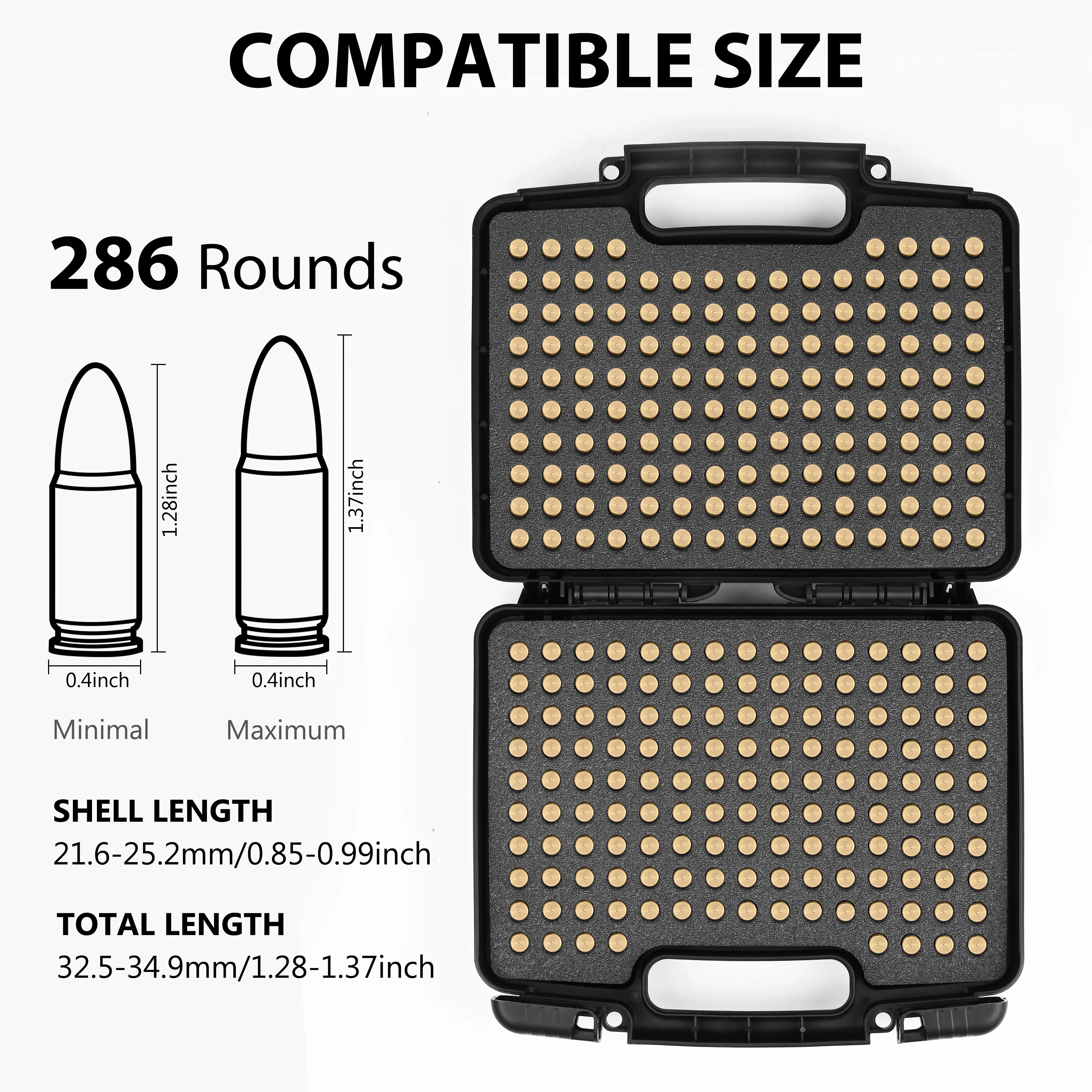 Compatible size guide showing the high-capacity waterproof ammo case designed to hold over 280 rounds of 10mm ammunition.