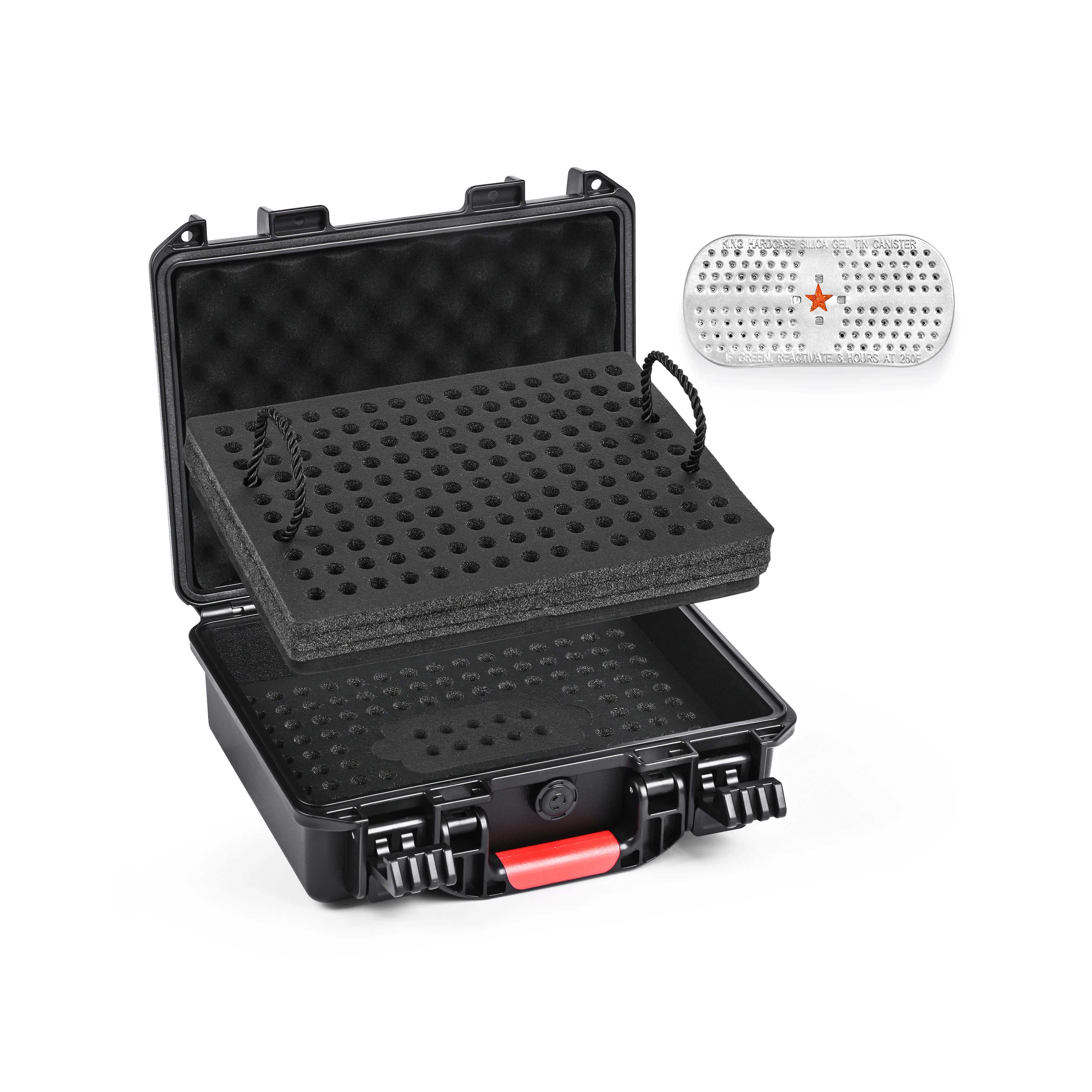 Moisture-proof waterproof ammo case showing the included desiccant to keep ammunition dry and extend its service life.