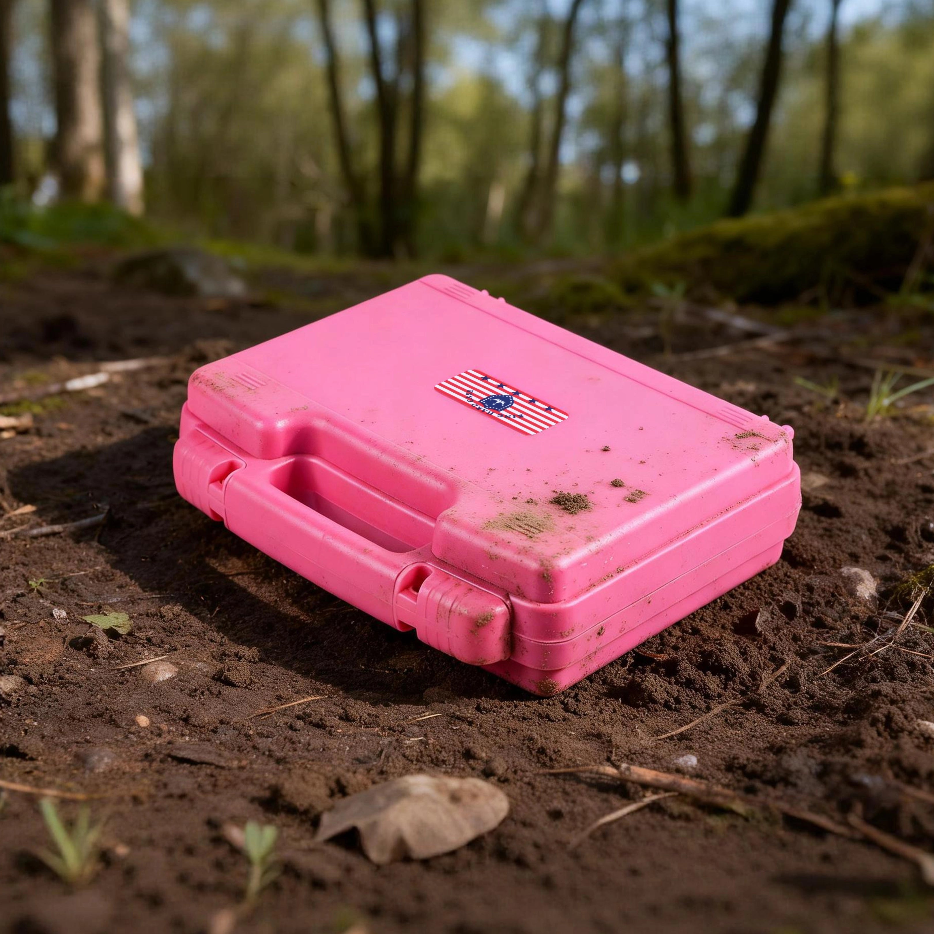 Rose red waterproof ammo case used outdoors, highlighting its IP54 water resistance and durability.