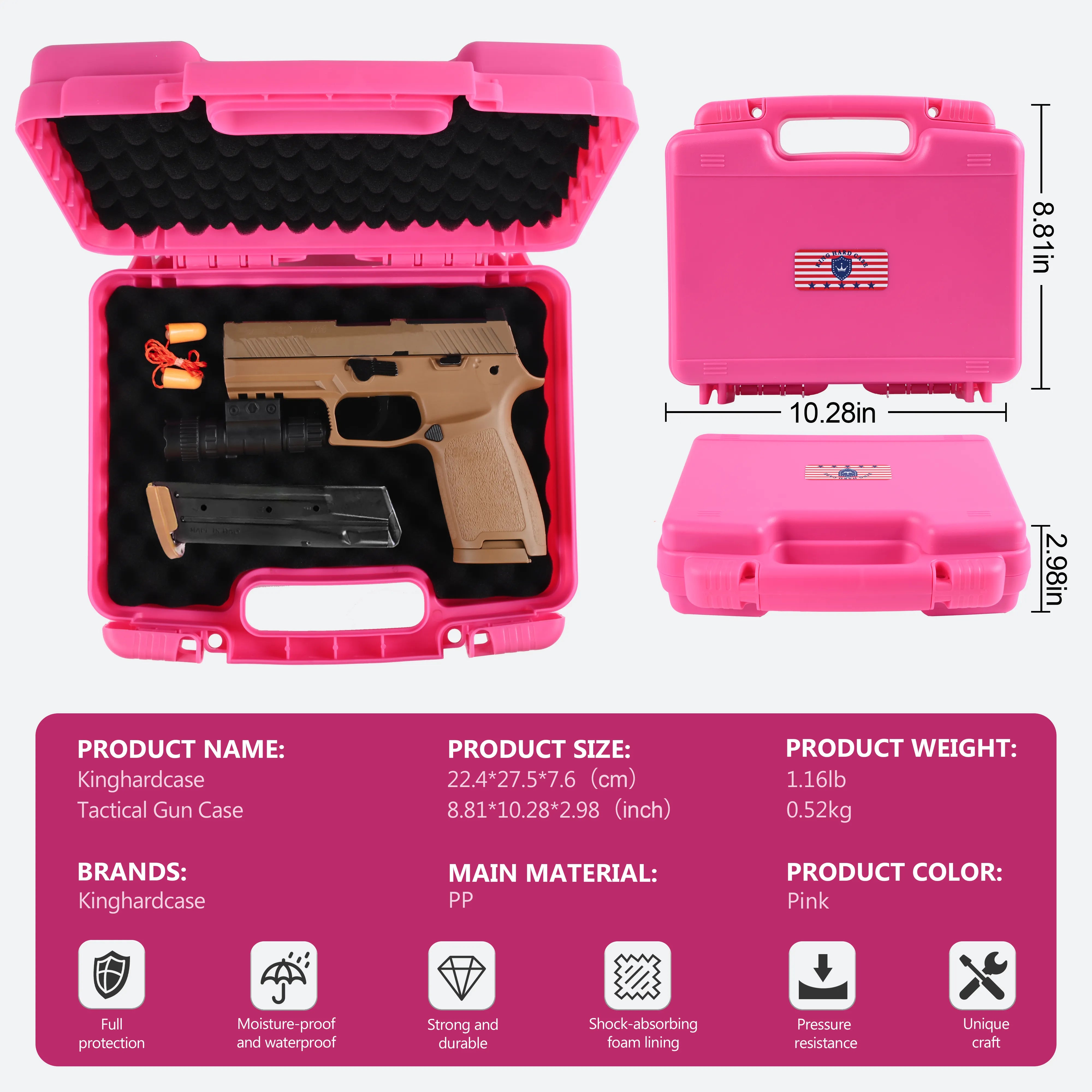 Features overview of the KINGHARDCASE rose red waterproof weapon case showing secure firearm storage.
