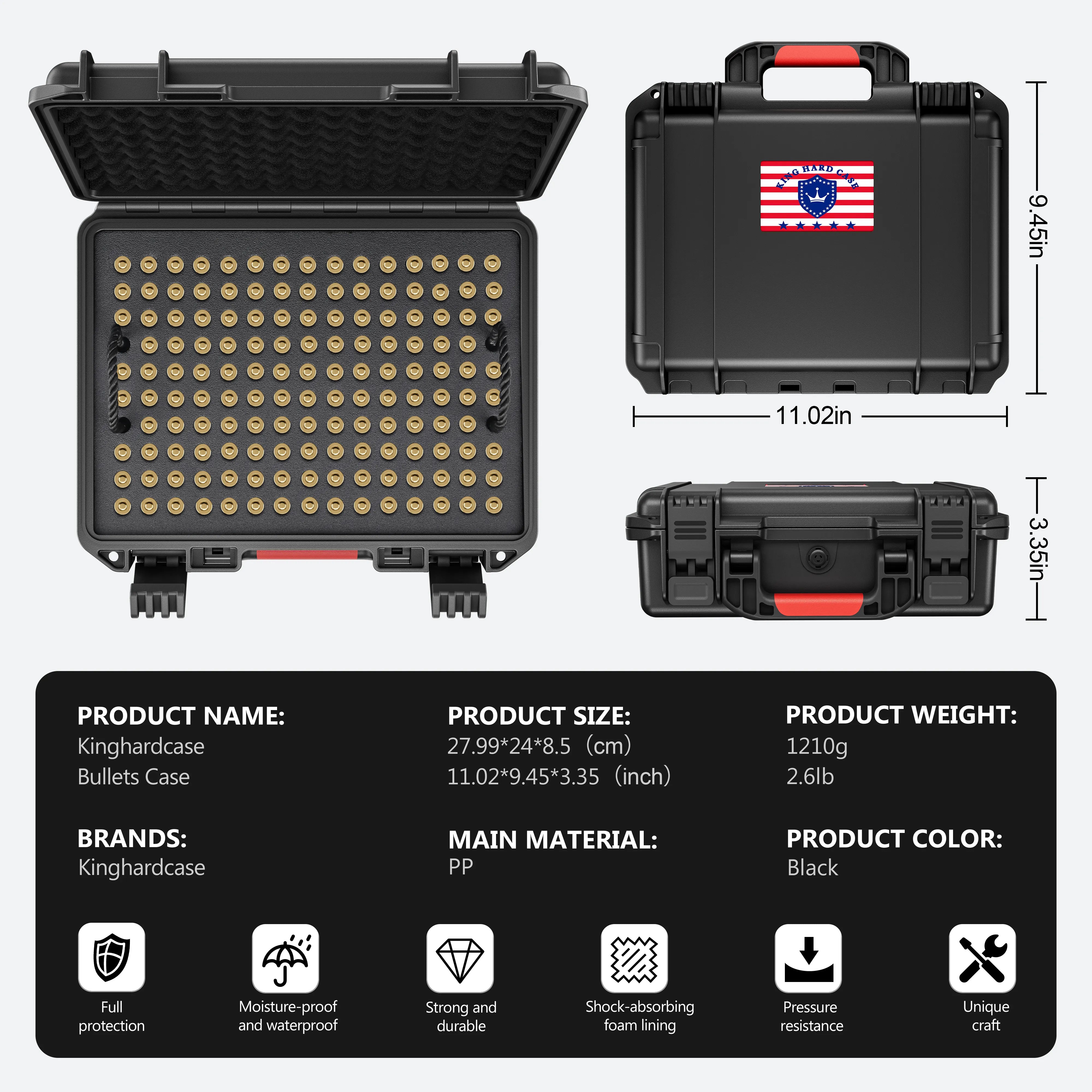 Detailed specifications and features for the 11-inch waterproof weapon case, highlighting its IP67 rating and durability.